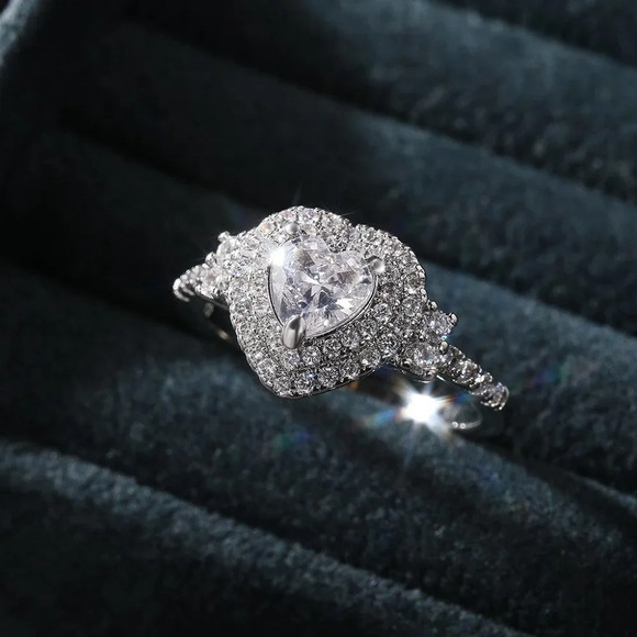 😍Diamond Heart CZ Shiny 14k White Gold Luxury Macro Pave Ring for Women, K852 - Picture 6 of 11